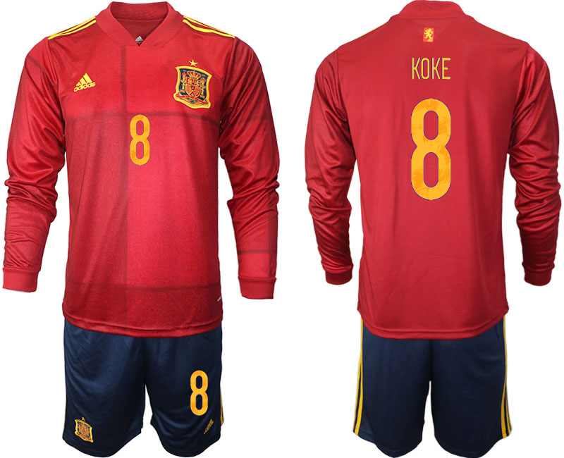 Men 2021 European Cup Spain home Long sleeve #8 soccer jerseys